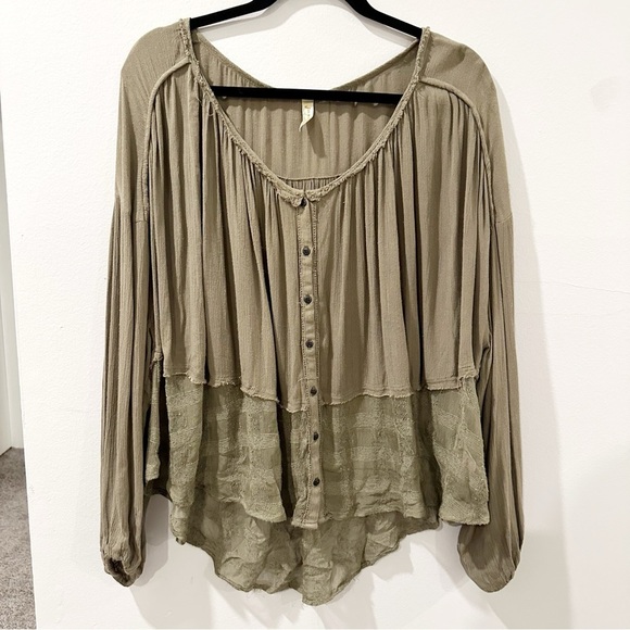 Free People Moss Olive Green Swing Boho Peasant Top Relaxed Fit Size Small - Picture 3 of 14